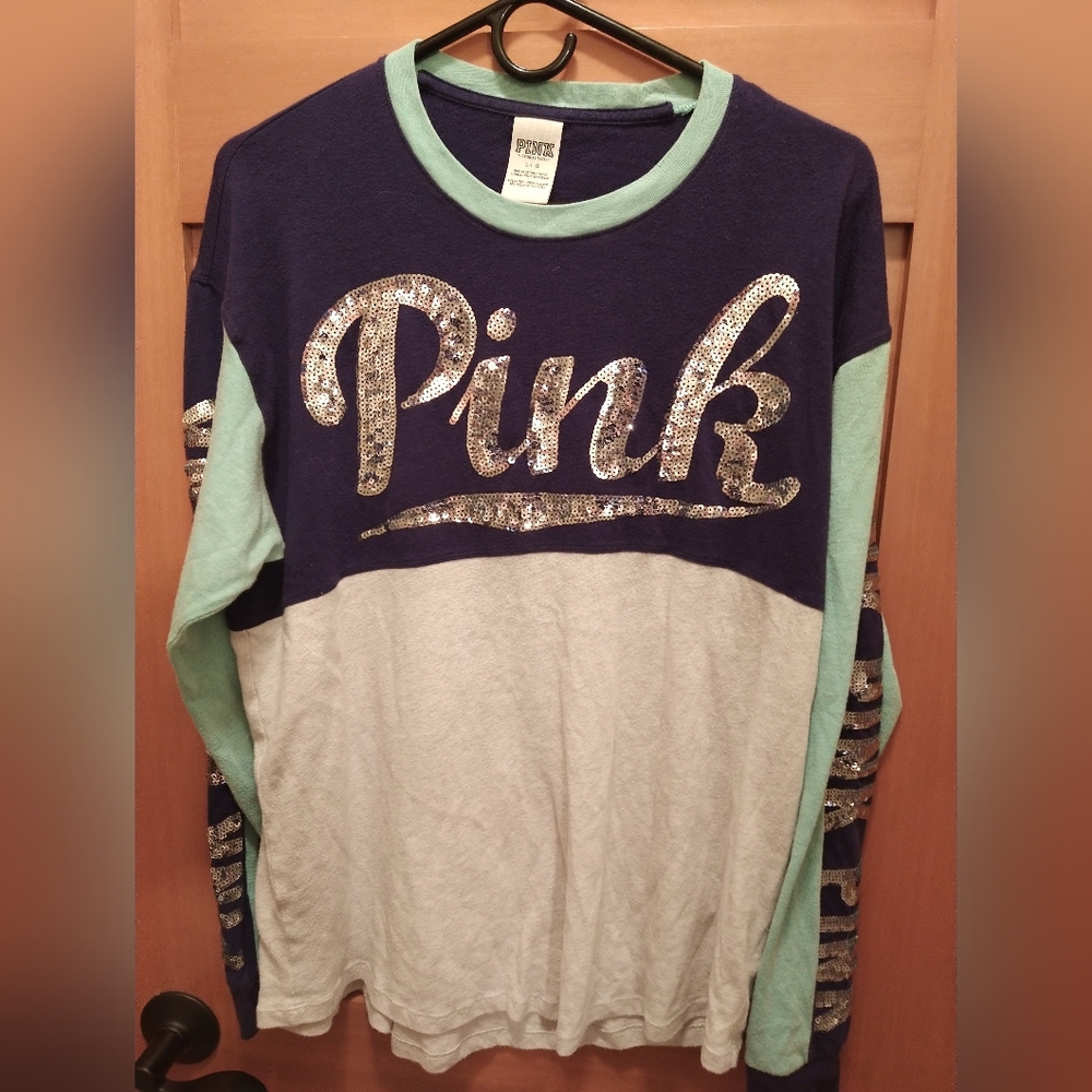 Victoria's Secret Pink Blue and Teal bling sequin long sleeve shirt.